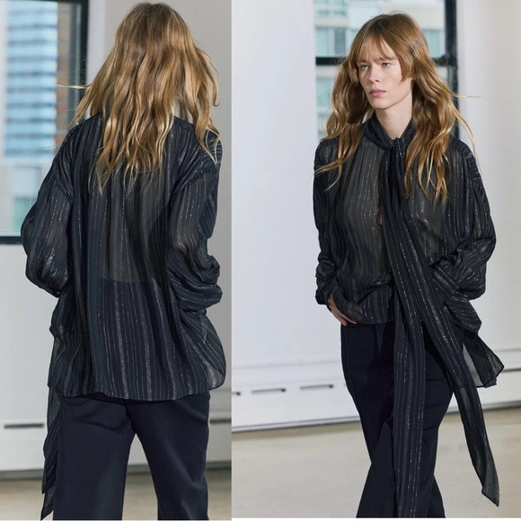 Zara ZW Collection black silver metallic thread chiffon blouse neck tie Sz M NWT - Picture 5 of 14